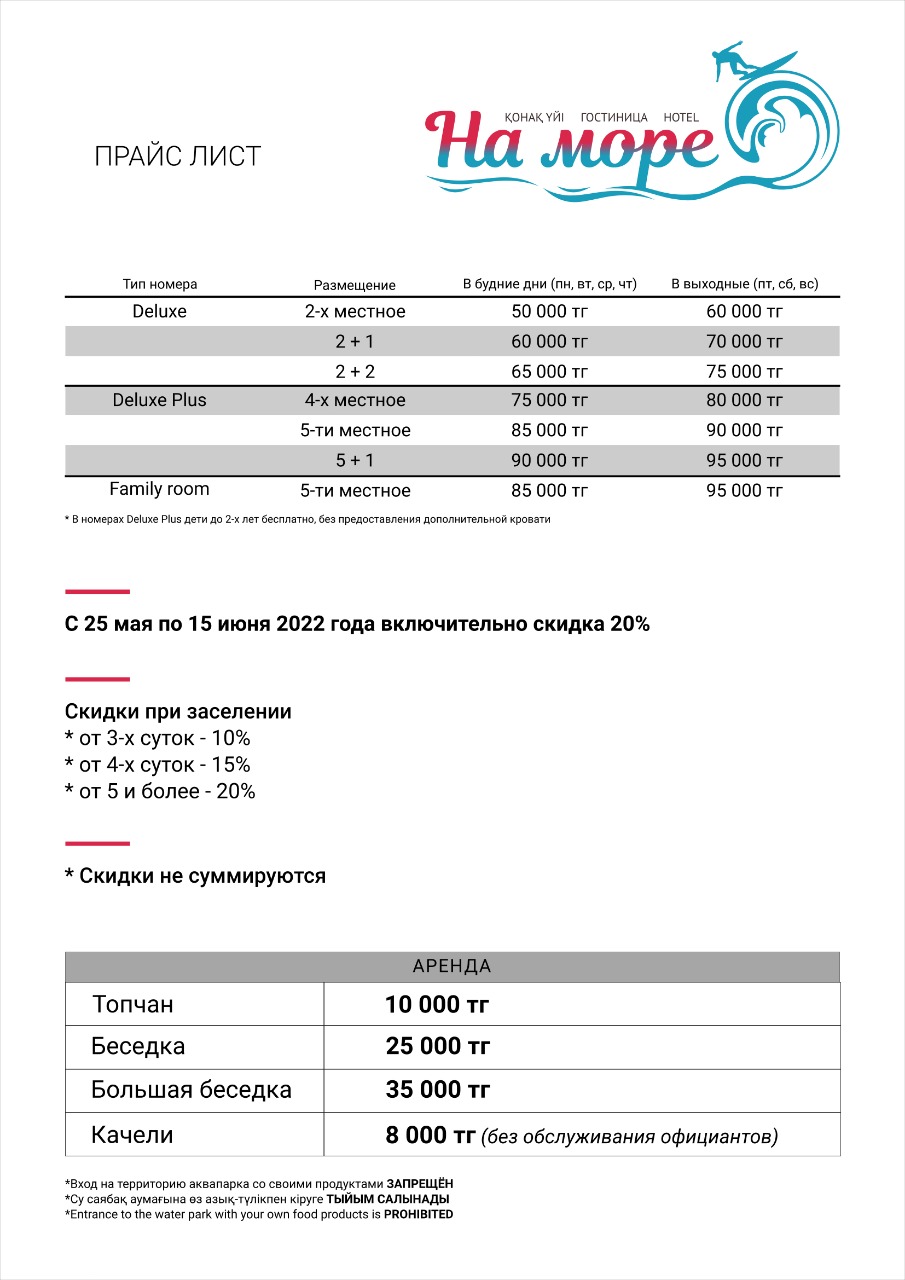 Прайс лист: гостиница На море — Аквапарк На Море